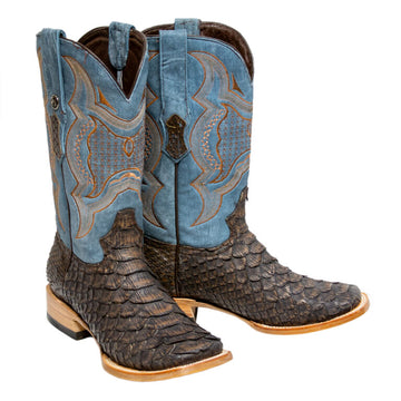 TANNER MARK MEN'S EXOTIC LEATHER Matte Python Brown Western Boots With Montana Blue Top Extra Wide Square Toe