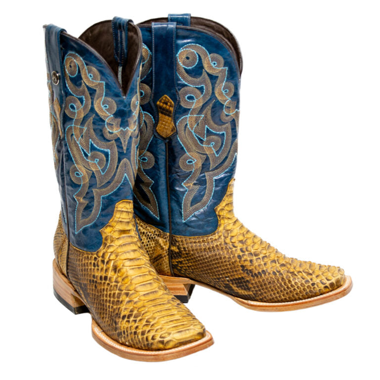 TANNER MARK MEN'S EXOTIC LEATHER Python Pull Up Antique Western Boots With Volcano Blue Top Extra Wide Square Toe