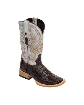 TANNER MARK MEN'S EXOTIC LEATHER Caiman Tail Brown with Indians Honey Top Extra Wide Square Toe