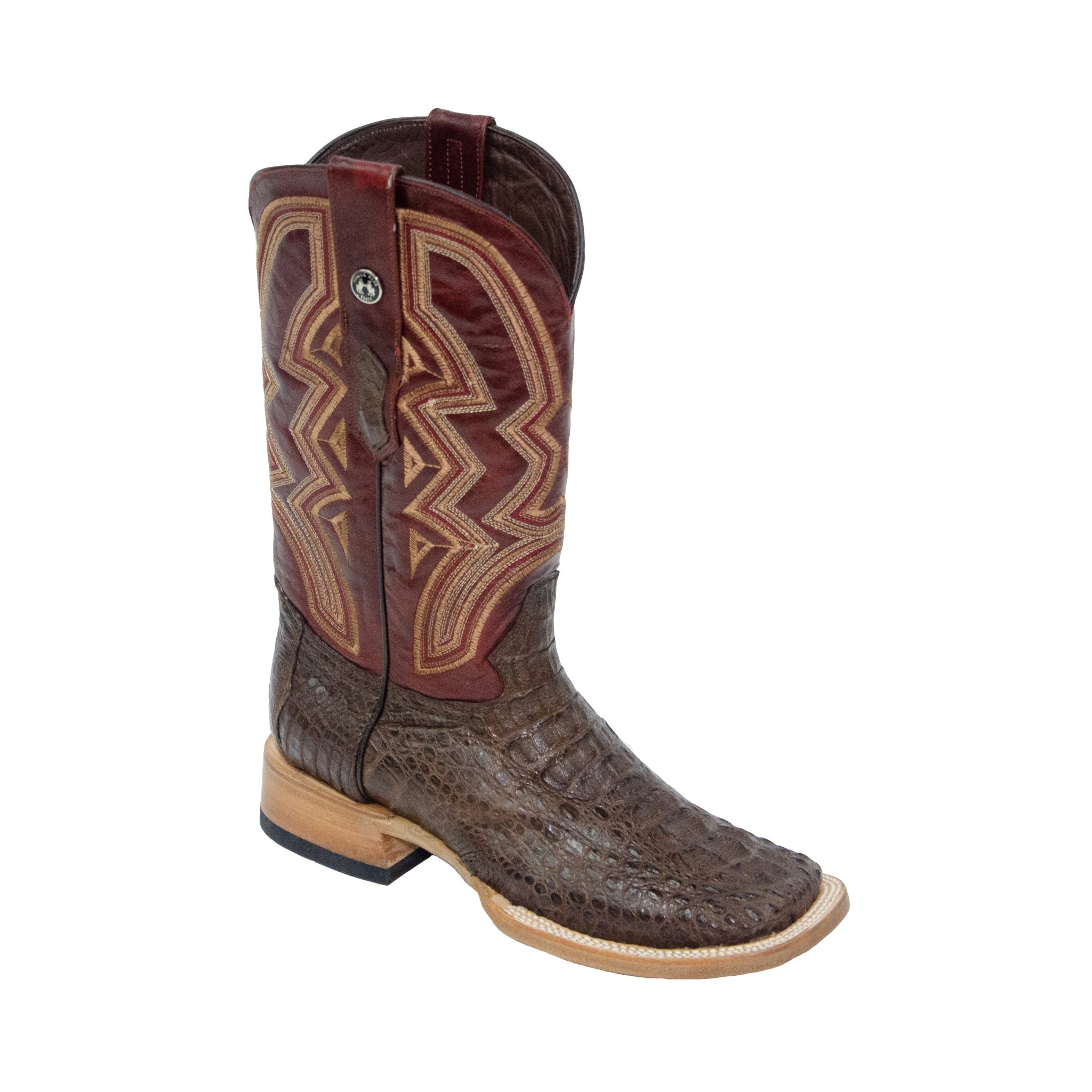 TANNER MARK MEN'S EXOTIC LEATHER Caiman Hornback Brown Western Boots With Volcano Red Top Extra Wide Square Toe