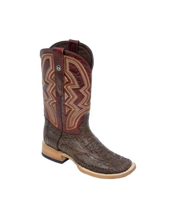 TANNER MARK MEN'S EXOTIC LEATHER Caiman Hornback Brown Western Boots With Volcano Red Top Extra Wide Square Toe