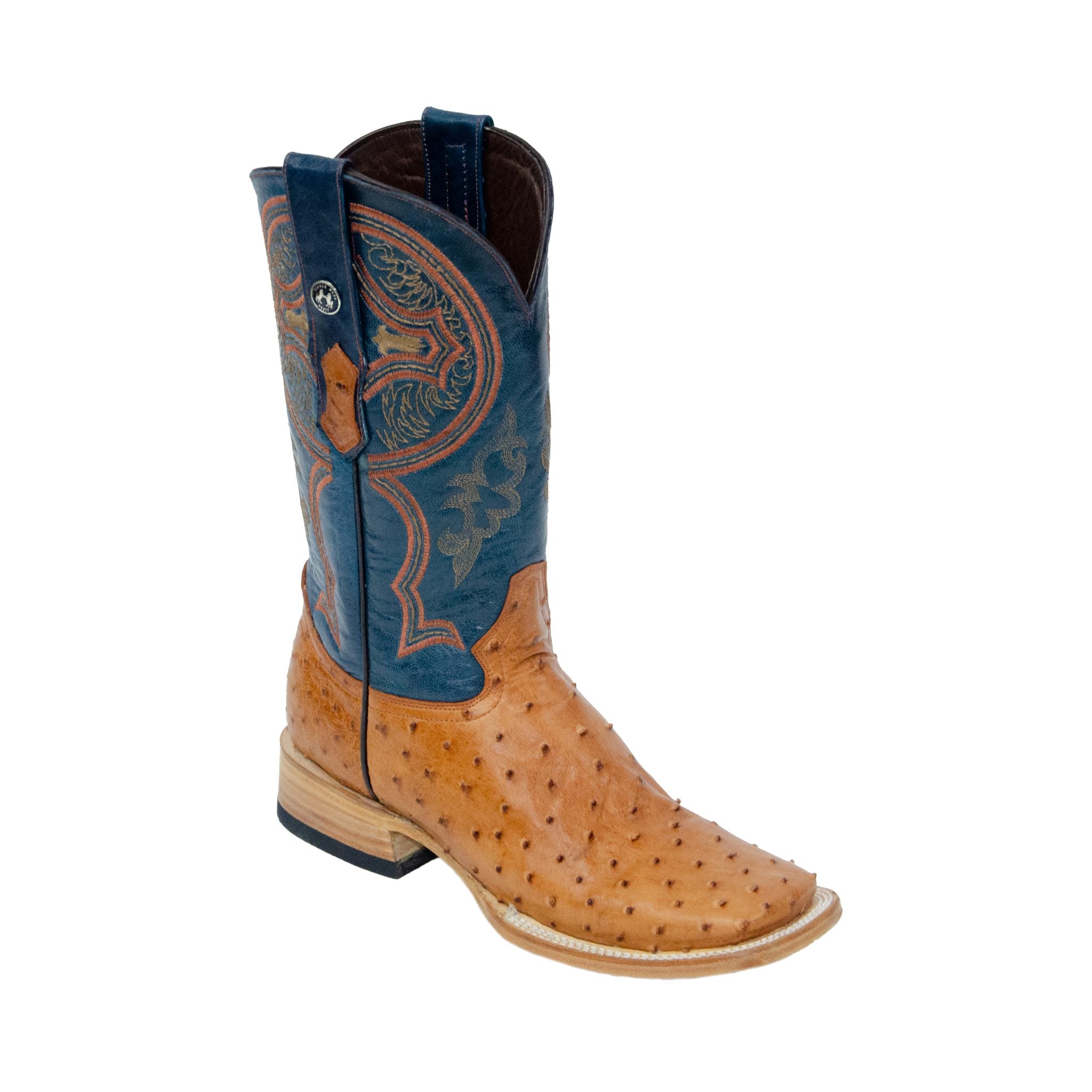 TANNER MARK MEN'S EXOTIC LEATHER Ostrich MD Brandy Western Boots With Volcano Blue Top Extra Wide Square Toe