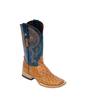 TANNER MARK MEN'S EXOTIC LEATHER Ostrich MD Brandy Western Boots With Volcano Blue Top Extra Wide Square Toe