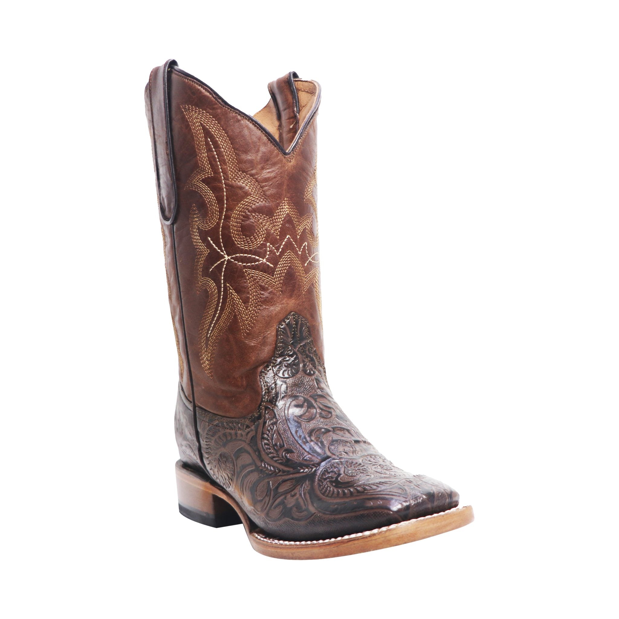 TANNER MARK YOUTH Hand Tooled Print Brown Western Youth Boots Brown Top