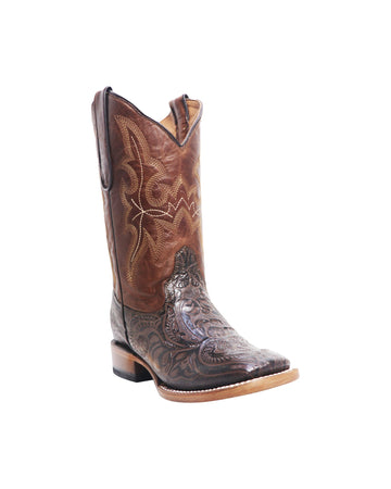 TANNER MARK YOUTH Hand Tooled Print Brown Western Youth Boots Brown Top