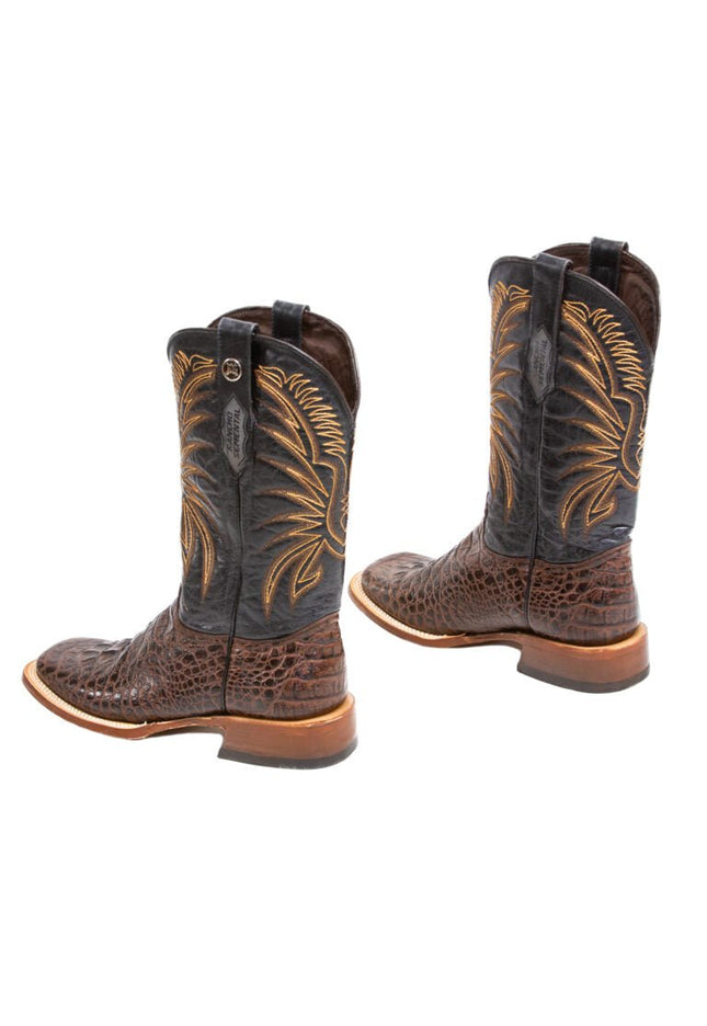 RANCHO SEMENTAL MEN’S Caiman Hornback Print Brown Western Boots Whit Black Top Triple Stitch - Rancho Sementalvariable