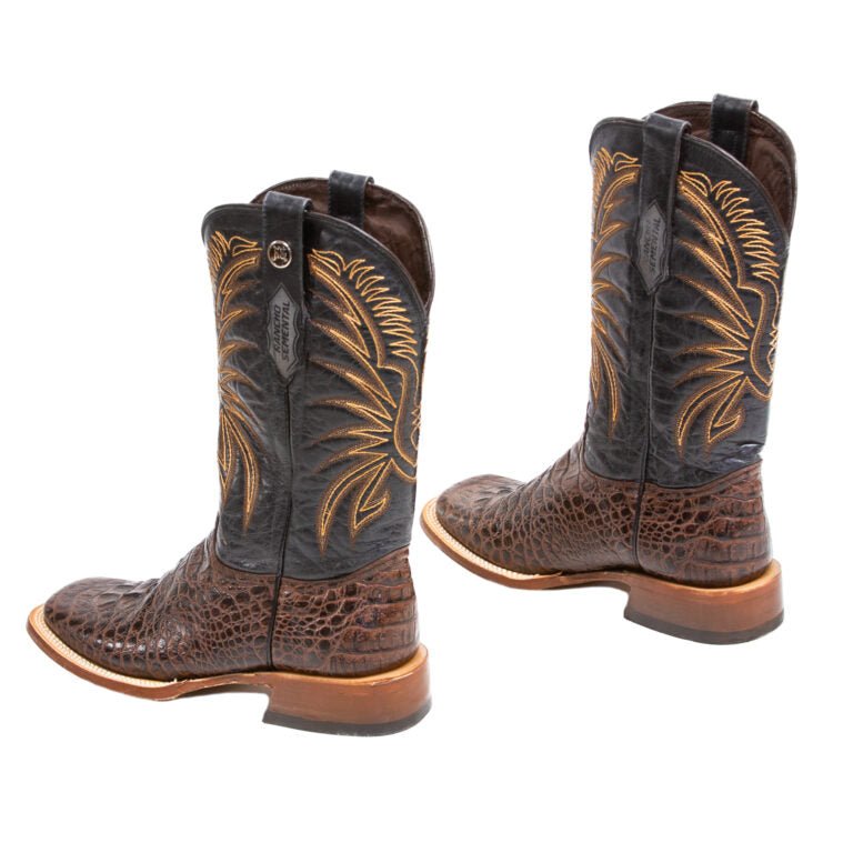 RANCHO SEMENTAL MEN’S Caiman Hornback Print Brown Western Boots Whit Black Top Triple Stitch - Rancho Sementalvariable