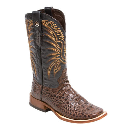 RANCHO SEMENTAL MEN’S Caiman Hornback Print Brown Western Boots Whit Black Top Triple Stitch - Rancho Sementalvariable
