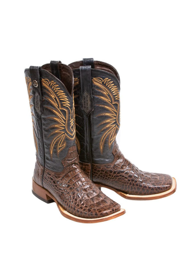 RANCHO SEMENTAL MEN’S Caiman Hornback Print Brown Western Boots Whit Black Top Triple Stitch - Rancho Sementalvariable