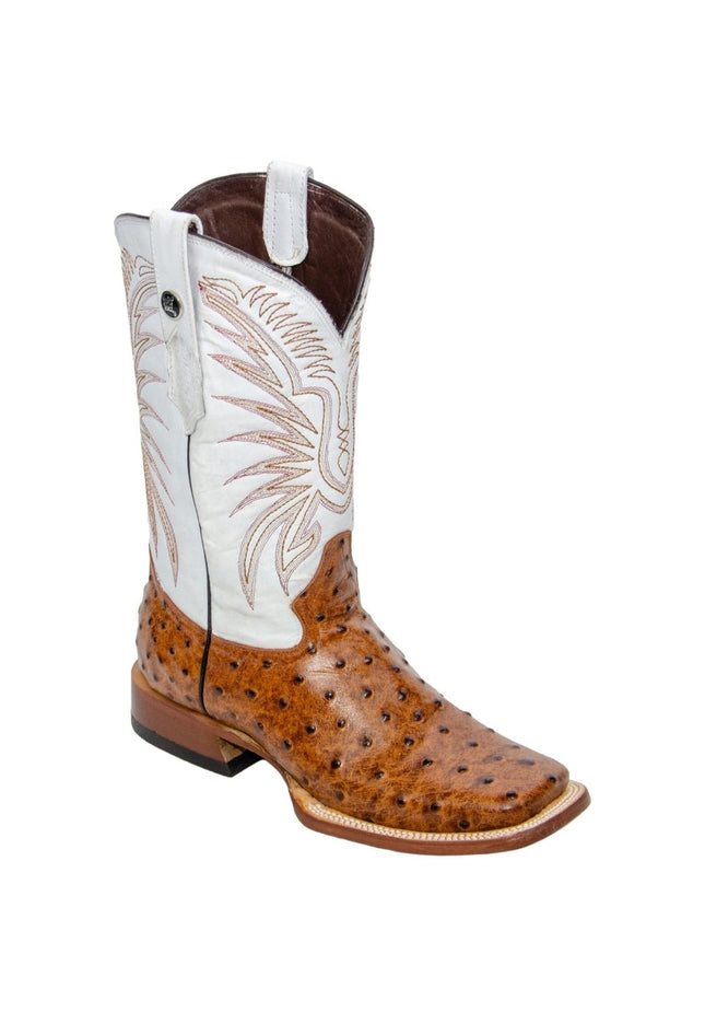 RANCHO SEMENTAL MEN’S Ostrich Print Rustic Cognac Western Boots Whit White Top Triple Stitch - Rancho Sementalvariable
