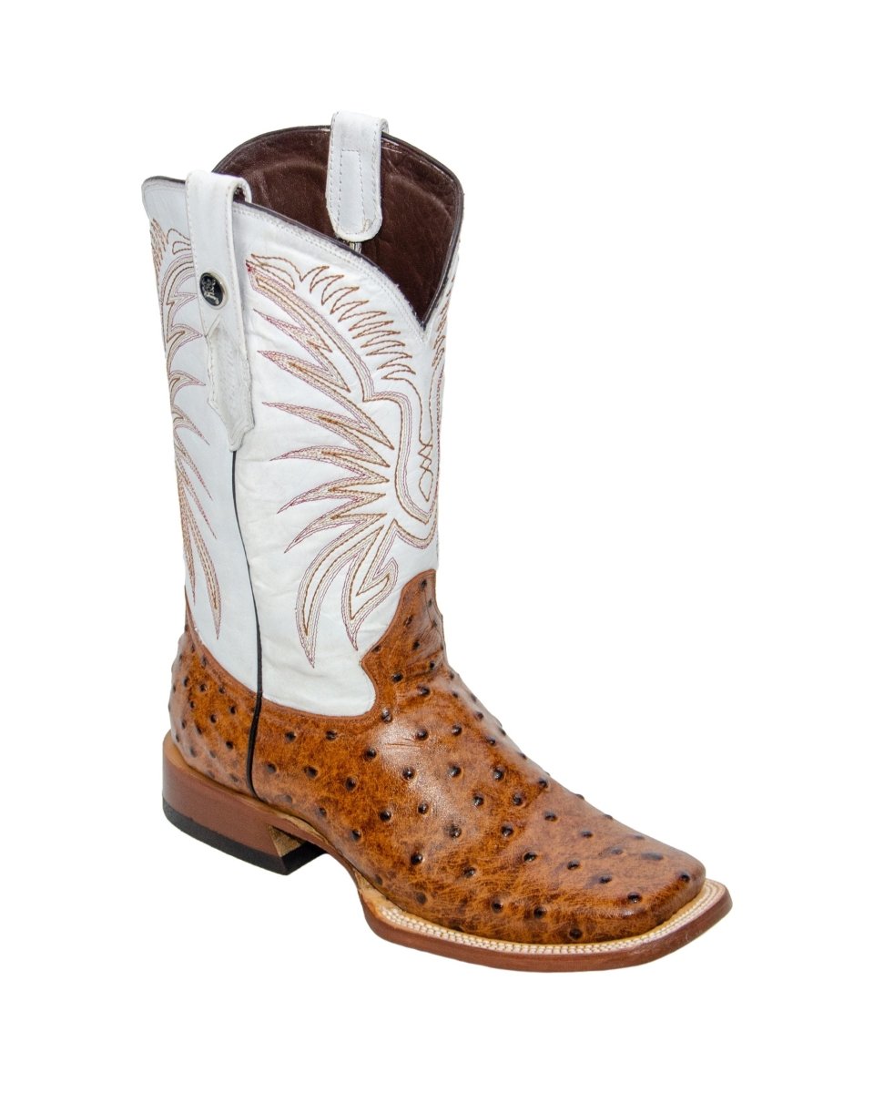 RANCHO SEMENTAL MEN’S Ostrich Print Rustic Cognac Western Boots Whit White Top Triple Stitch - Rancho Sementalvariable