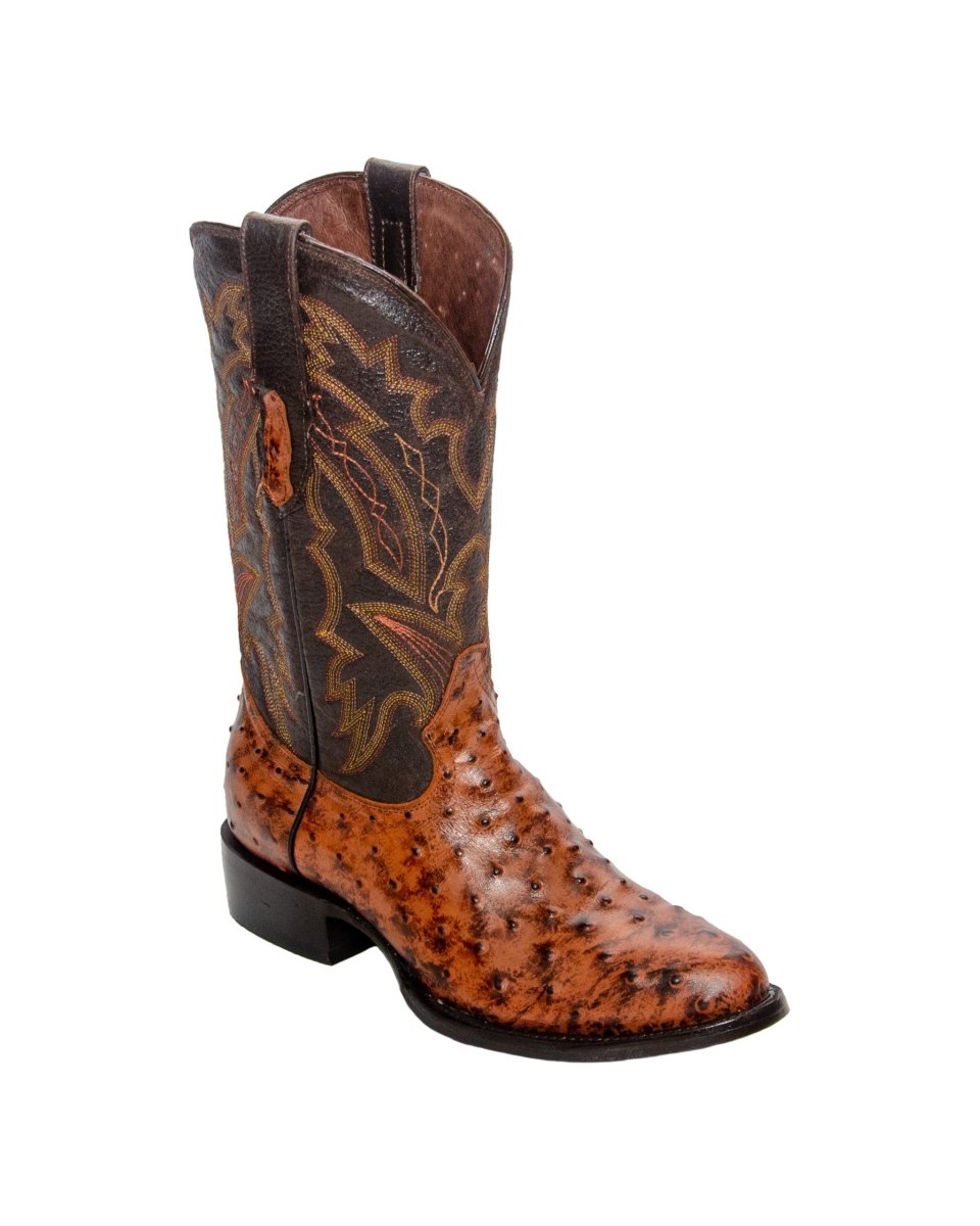 REPARO TX Men’s Ostrich Print Cognac Western Boots Whit Brown Top - Rancho Sementalvariable