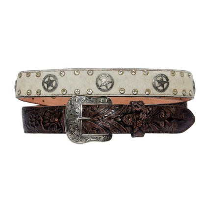 TANNER MARK BELT Hand Tool Brown & Hair - ON - Hide Lone Star Concho & Diamond - Rancho Sementalvariable