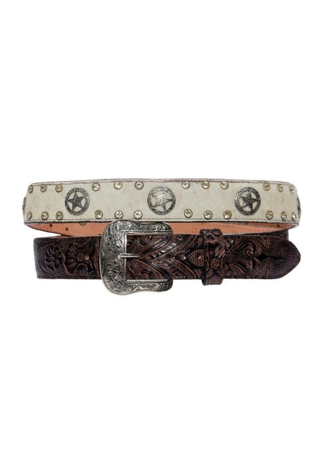 TANNER MARK BELT Hand Tool Brown & Hair - ON - Hide Lone Star Concho & Diamond - Rancho Sementalvariable
