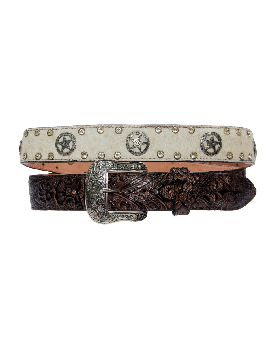 TANNER MARK BELT Hand Tool Brown & Hair - ON - Hide Lone Star Concho & Diamond - Rancho Sementalvariable