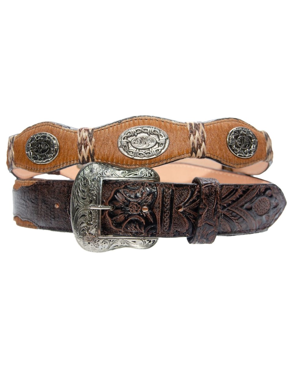 TANNER MARK BELT Hand Tooled Brown & Hair - On - Hide Concho - Rancho Sementalvariable