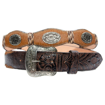 TANNER MARK BELT Hand Tooled Brown & Hair - On - Hide Concho - Rancho Sementalvariable