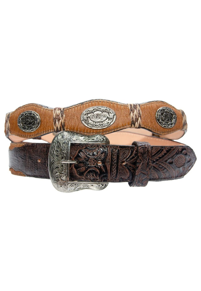 TANNER MARK BELT Hand Tooled Brown & Hair - On - Hide Concho - Rancho Sementalvariable