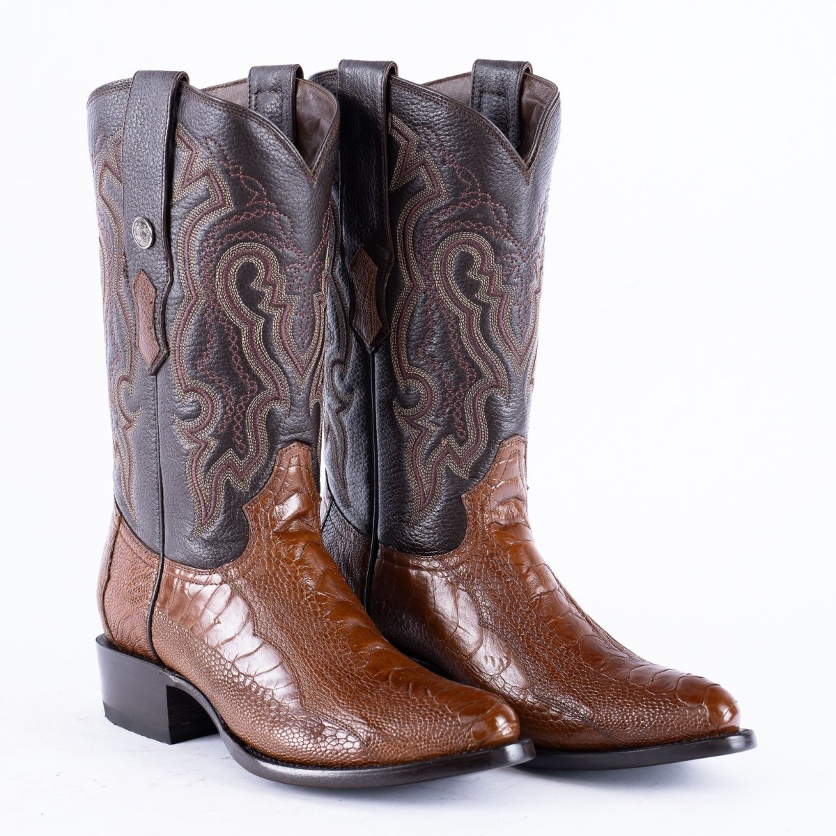 TANNER MARK EXOTIC LEATHER Ostrich Leg Brown Cowboy Boots Snip Toe - Rancho Sementalvariable