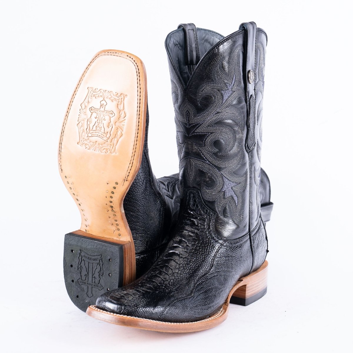 TANNER MARK EXOTIC LEATHER Ostrich Leg Brush Black Cowboy Boots - Rancho Sementalvariable