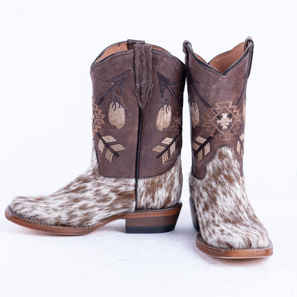 TANNER MARK KIDS Brown & White Hair On Cowhide Cowgirl Boots - Rancho Sementalvariable