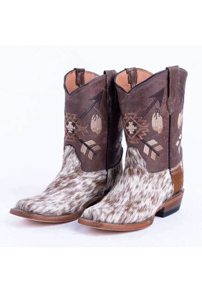 TANNER MARK KIDS Brown & White Hair On Cowhide Cowgirl Boots - Rancho Sementalvariable