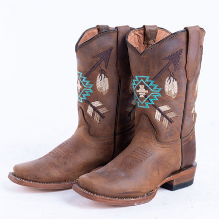 TANNER MARK KIDS Cognac Calf Aztec Embroidery Cowgirl Boots - Rancho Sementalvariable