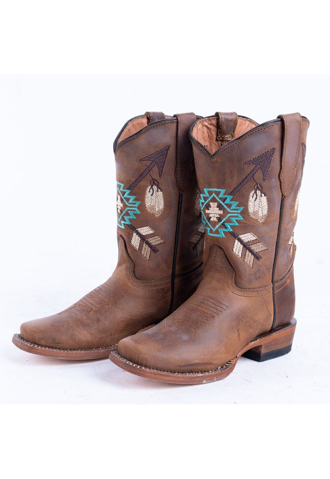 TANNER MARK KIDS Cognac Calf Aztec Embroidery Cowgirl Boots - Rancho Sementalvariable
