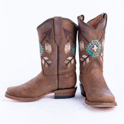 TANNER MARK KIDS Cognac Calf Aztec Embroidery Cowgirl Boots - Rancho Sementalvariable