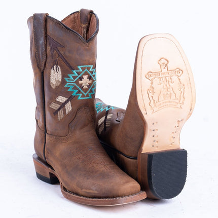 TANNER MARK KIDS Cognac Calf Aztec Embroidery Cowgirl Boots - Rancho Sementalvariable