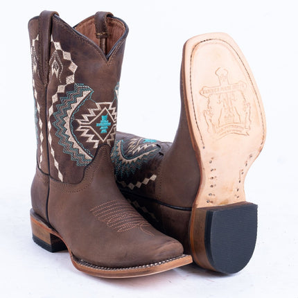TANNER MARK KIDS Crackle Brown With Aztec Embroidery Cowgirl Boots - Rancho Sementalvariable
