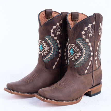 TANNER MARK KIDS Crackle Brown With Aztec Embroidery Cowgirl Boots - Rancho Sementalvariable