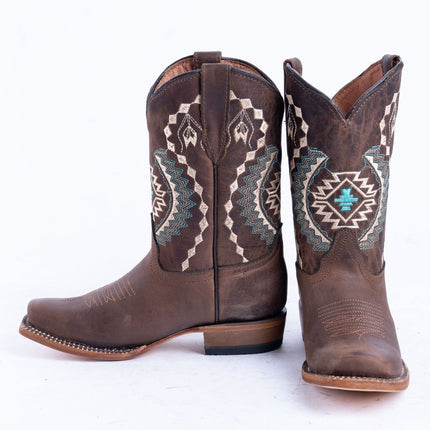 TANNER MARK KIDS Crackle Brown With Aztec Embroidery Cowgirl Boots - Rancho Sementalvariable