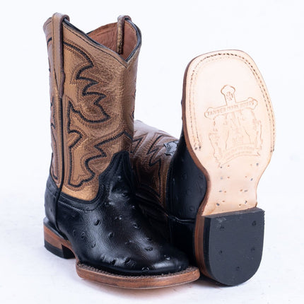 TANNER MARK KIDS Ostrich Print Black With Bronze Top Cowgirl Boots - Rancho Sementalvariable