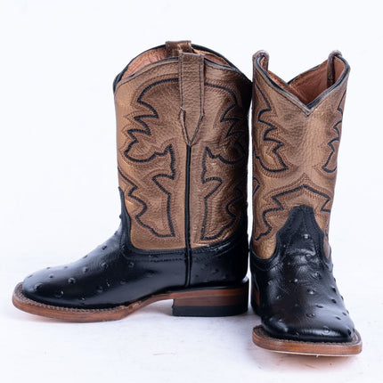 TANNER MARK KIDS Ostrich Print Black With Bronze Top Cowgirl Boots - Rancho Sementalvariable