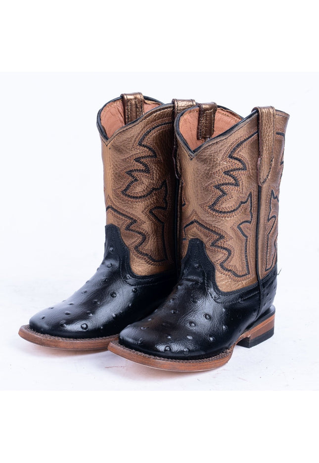 TANNER MARK KIDS Ostrich Print Black With Bronze Top Cowgirl Boots - Rancho Sementalvariable
