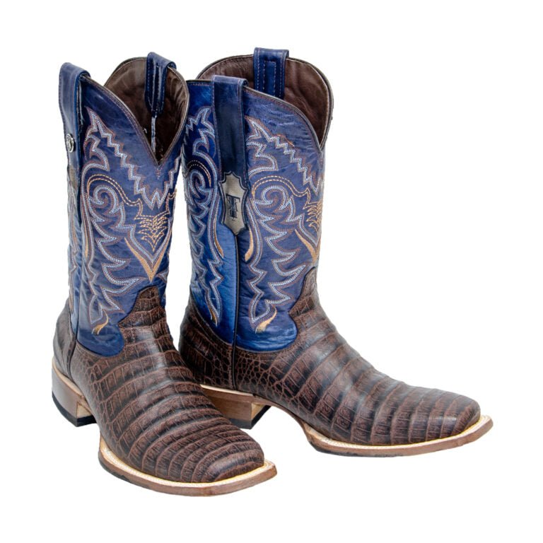 TANNER MARK MEN'S Caiman Belly Brown Western Boots Volcano Blue Top / Hybrid Sole - Rancho Sementalvariable