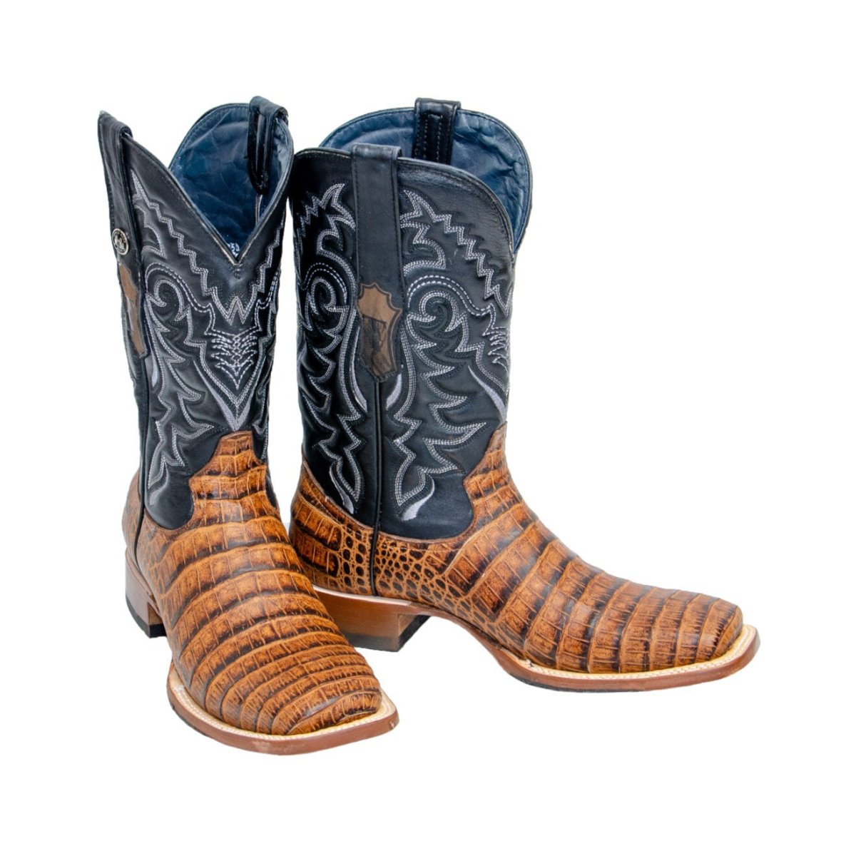 TANNER MARK MEN'S Caiman Belly Cognac Western Boots Whit Kabul Black Top / Hybrid Sole - Rancho Sementalvariable