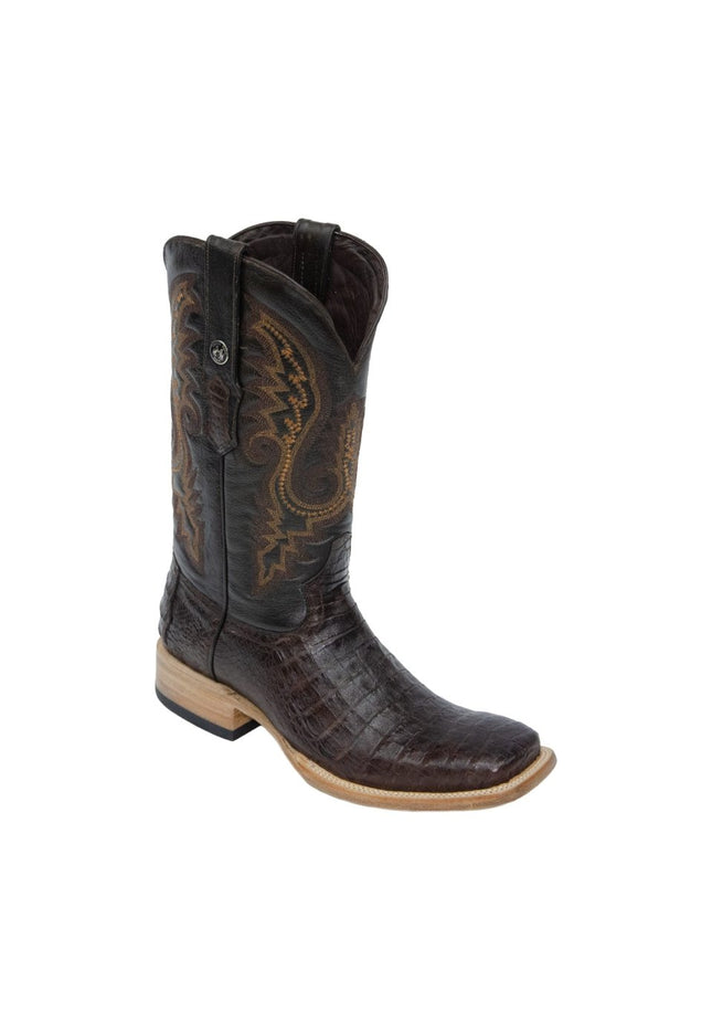TANNER MARK MEN'S EXOTIC LEATHER Caiman Belly Brown Western Boots With Kabul Brown Top - Rancho Sementalvariable
