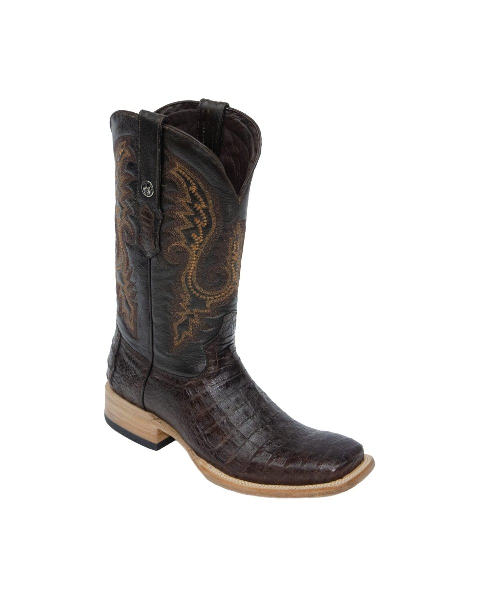 TANNER MARK MEN'S EXOTIC LEATHER Caiman Belly Brown Western Boots With Kabul Brown Top - Rancho Sementalvariable