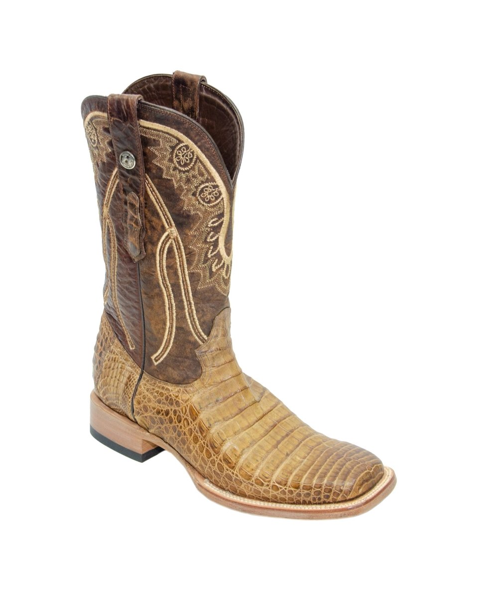 TANNER MARK MEN'S EXOTIC LEATHER Caiman Belly Pull Up Antique Western Boots With MD Honey Top - Rancho Sementalvariable