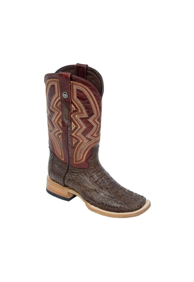 TANNER MARK MEN'S EXOTIC LEATHER Caiman Hornback Brown Western Boots With Volcano Red Top Extra Wide Square Toe - Rancho Sementalvariable