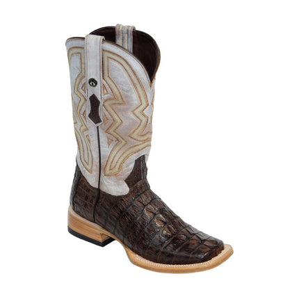 TANNER MARK MEN'S EXOTIC LEATHER Caiman Tail Brown with Indians Honey Top Extra Wide Square Toe - Rancho Sementalvariable