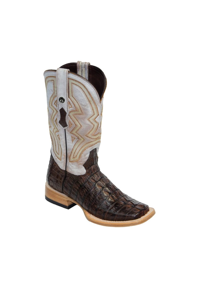 TANNER MARK MEN'S EXOTIC LEATHER Caiman Tail Brown with Indians Honey Top Extra Wide Square Toe - Rancho Sementalvariable