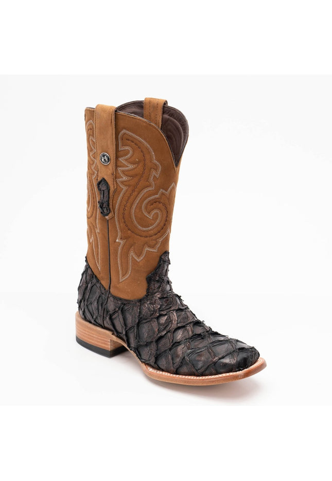 TANNER MARK MEN'S EXOTIC LEATHER Fish Metallic Black Coffee Cowboy Boots - Rancho Sementalvariable