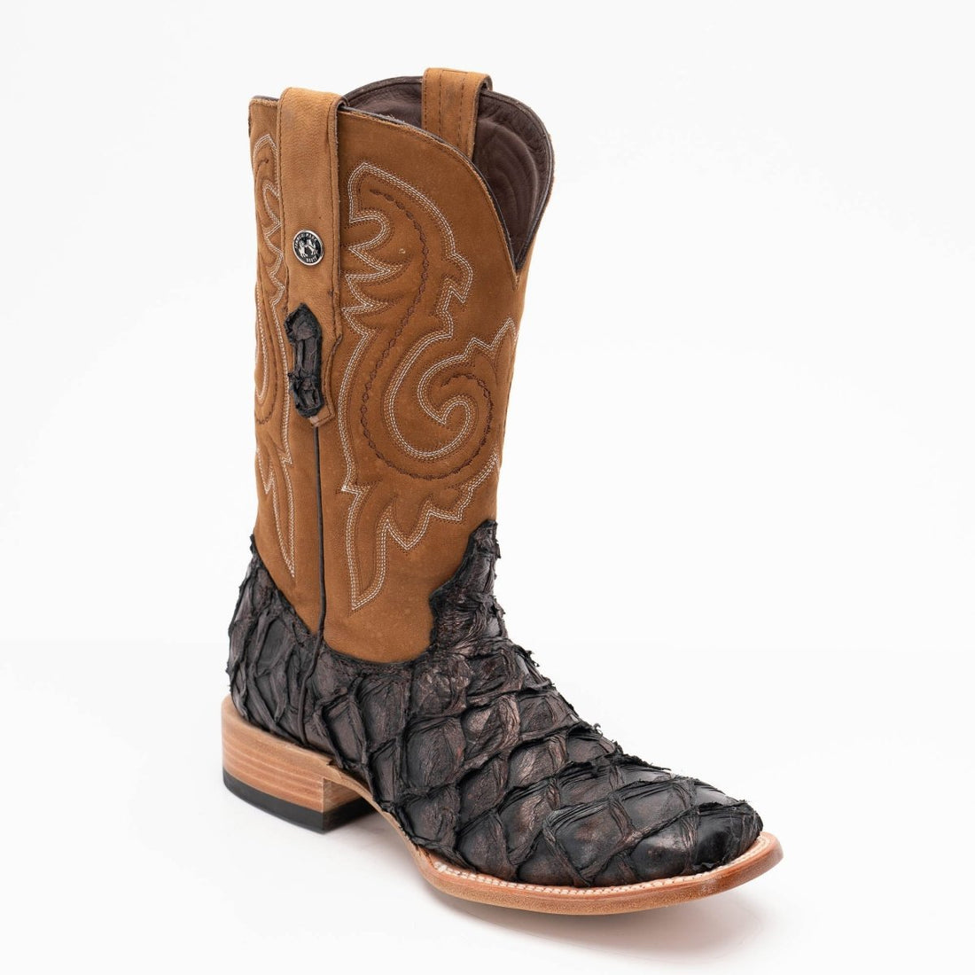 TANNER MARK MEN'S EXOTIC LEATHER Fish Metallic Black Coffee Cowboy Boots - Rancho Sementalvariable