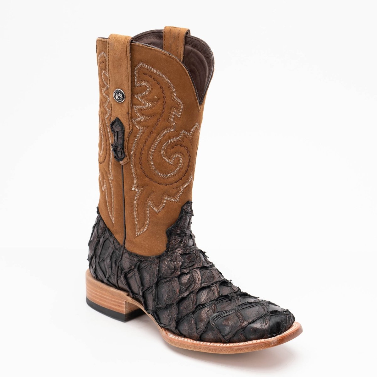 TANNER MARK MEN'S EXOTIC LEATHER Fish Metallic Black Coffee Cowboy Boots - Rancho Sementalvariable