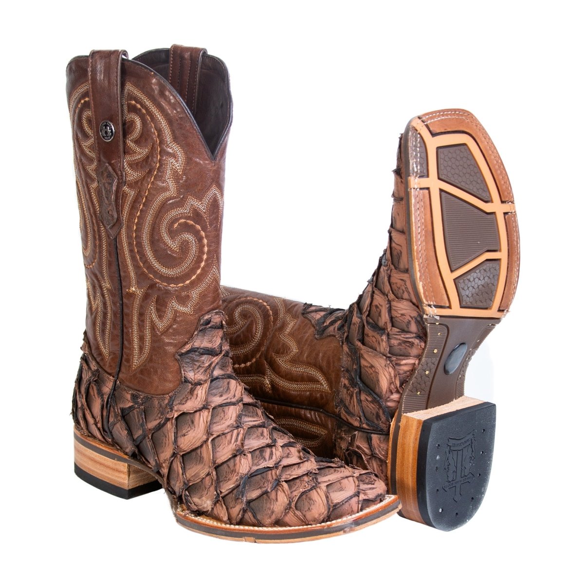 TANNER MARK MEN'S EXOTIC LEATHER Fish Mustang brown Cowboy Boots ATX sole - Rancho Sementalvariable