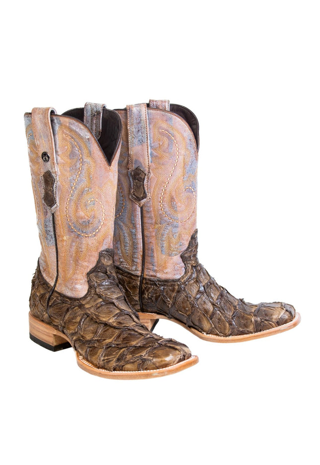 TANNER MARK MEN'S EXOTIC LEATHER Fish Petrified Oak Cowboy Boots - Rancho Sementalvariable