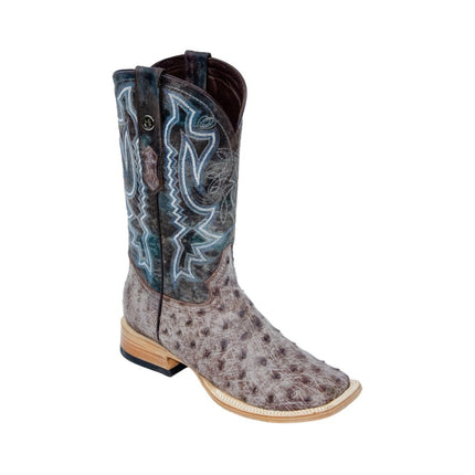 TANNER MARK MEN'S EXOTIC LEATHER Genuine Ostrich Rio Grande Nicotine with Toscana Blue Top Extra Wide Square Toe - Rancho Sementalvariable